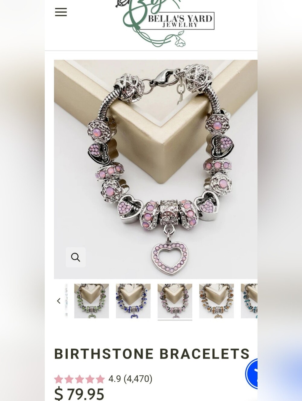 Bellas YARD Silver Pink Heart Charm Bracelet